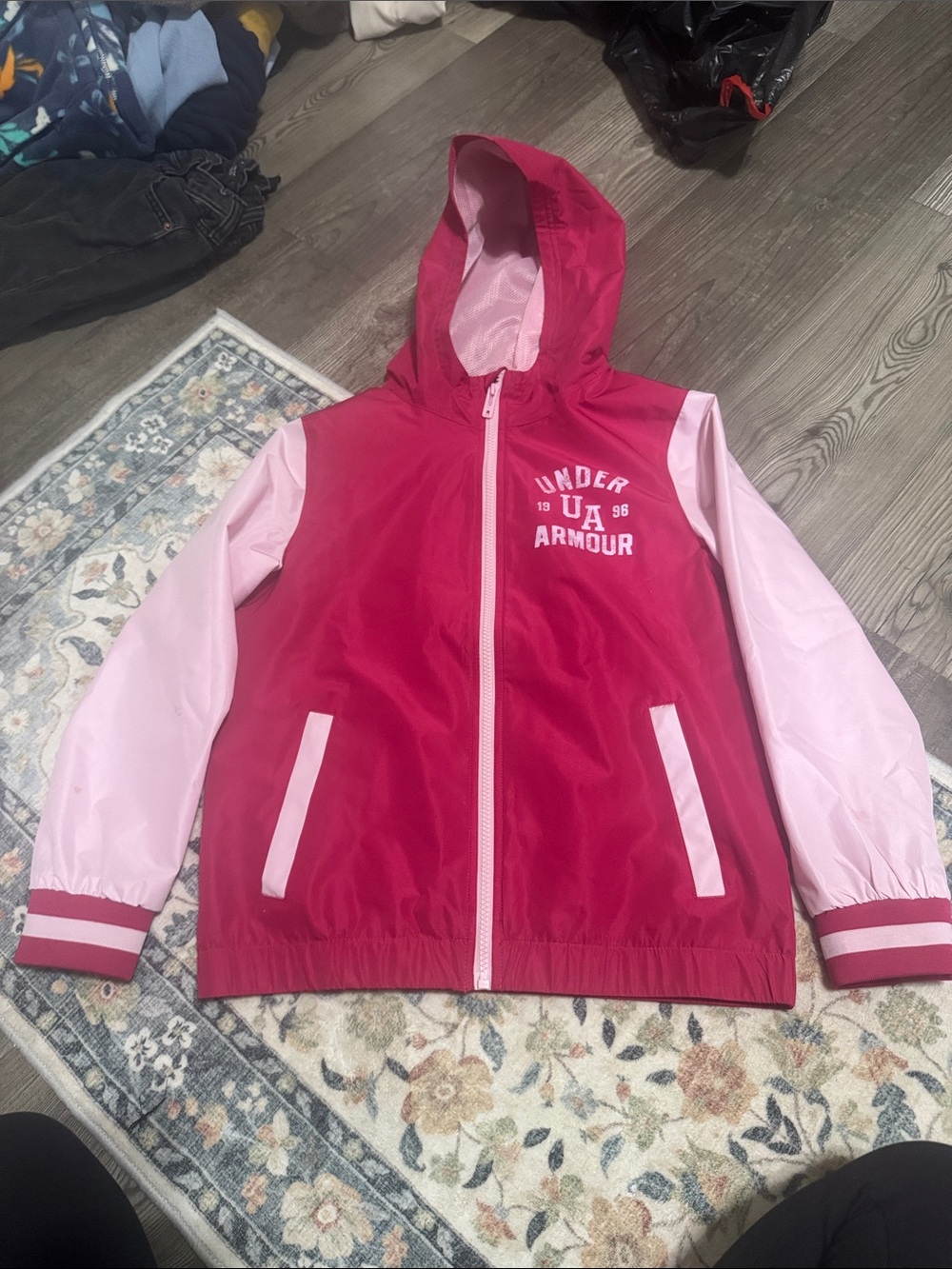 Under Armour Girls Red & Light Pink Hooded Windbreaker Jacket